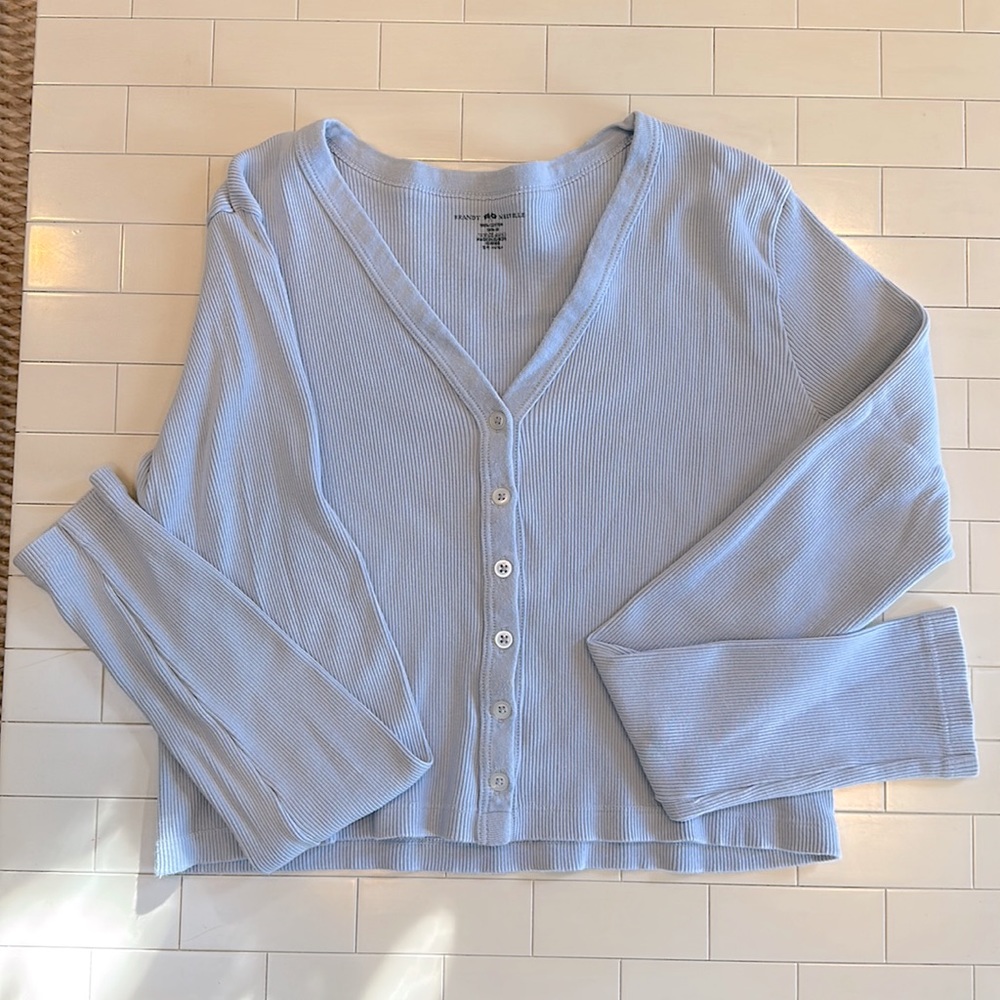 BRANDY MELVILLE 10% Cotton Baby Blue Ribbed V-Neck Long-sleeve Tee (OS)